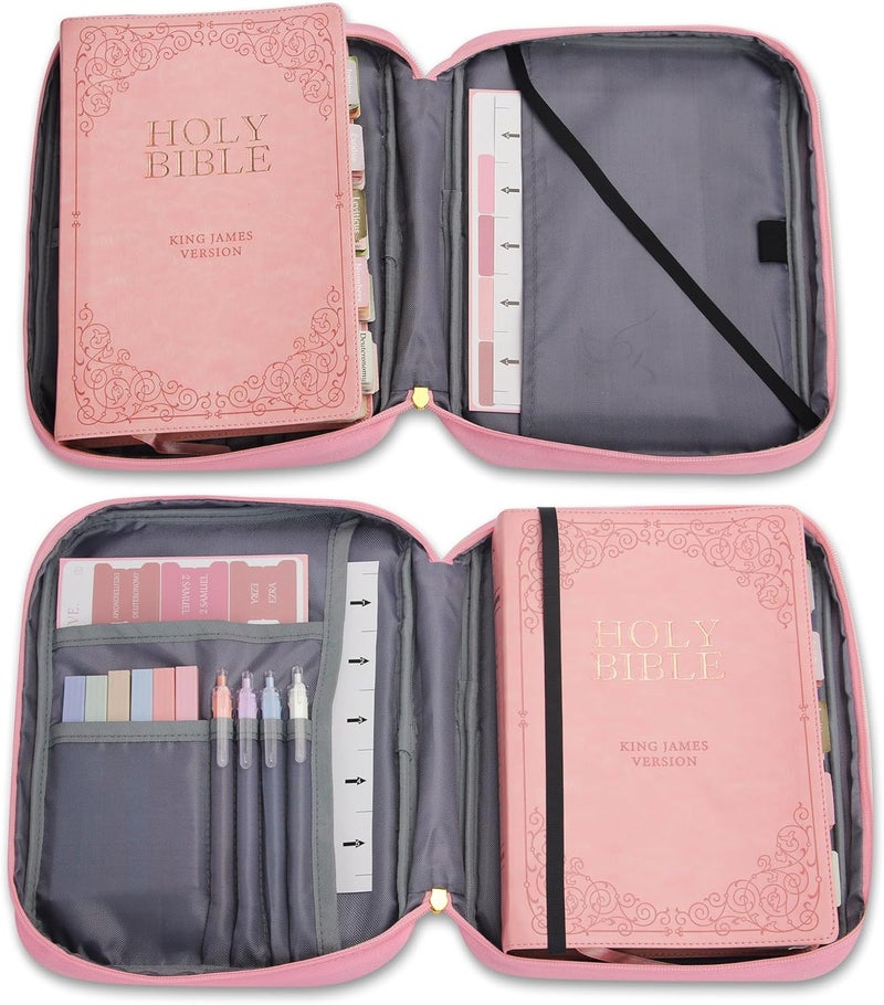GUEER Bible Cover for Women, Bible Holder, Bible Study Supplies Accessories Bible Cover Carrier Carrying Organizer Bag, Zipper and Pockets for Standard Size Bible, Gift for Women（pinksuit） - Image 5